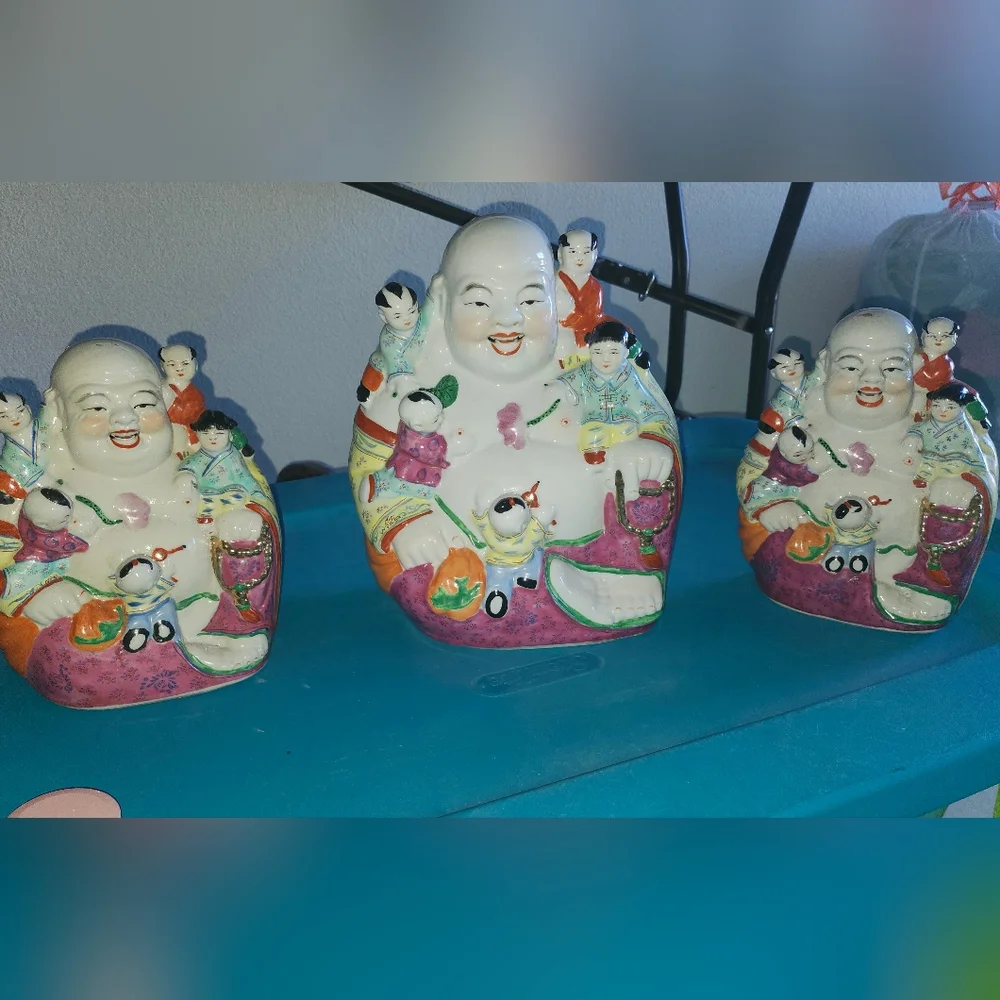 Colorful Ceramic Laughing Buddha Figurine Set - Picture 1 of 5
